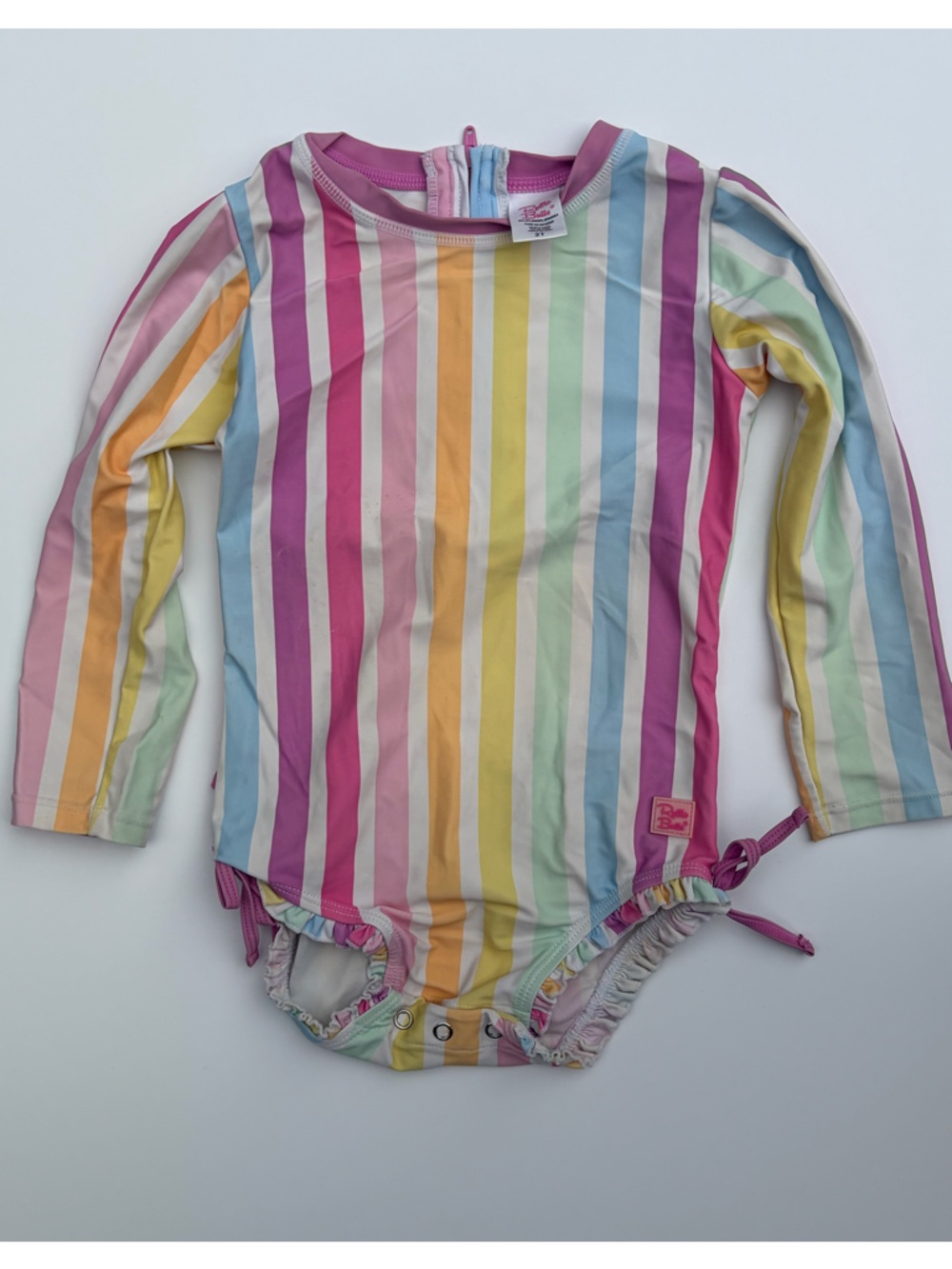 Ruffle Butt Kids Long-Sleeve Rainbow Stripe Rash Guard - Pink Multicolor